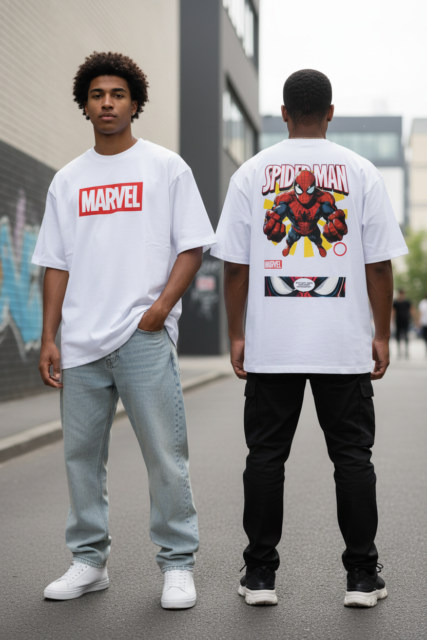 Male model wearing Spider Force oversized t-shirt showing front and back views