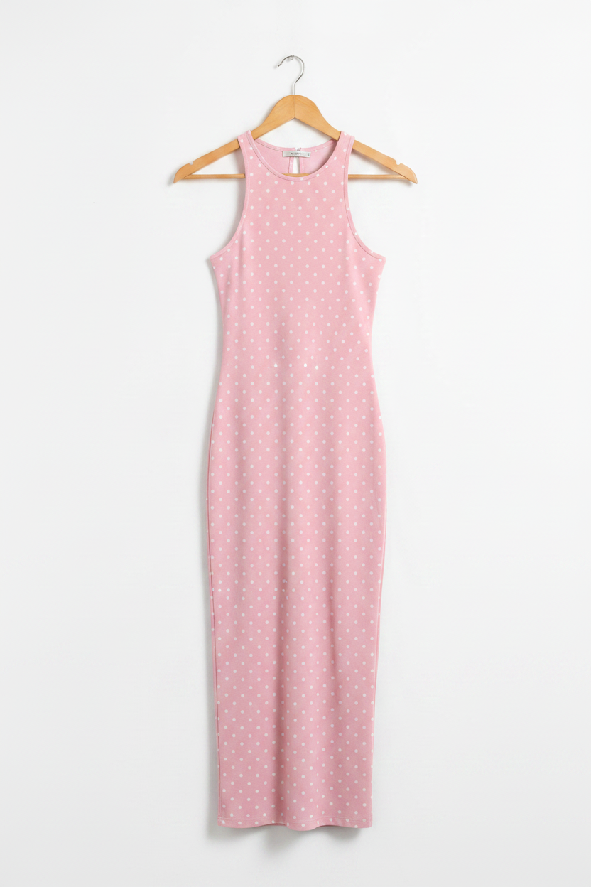 Blush Polka Muse Bodycon Dress - blush pink bodycon dress with white polka dots on wooden hanger, white studio background