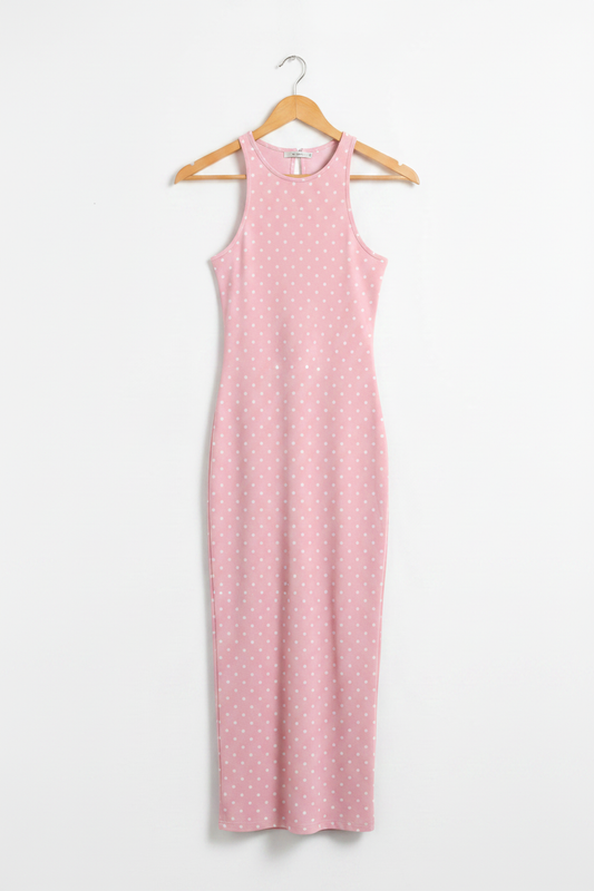 Blush Polka Muse Bodycon Dress - blush pink bodycon dress with white polka dots on wooden hanger, white studio background
