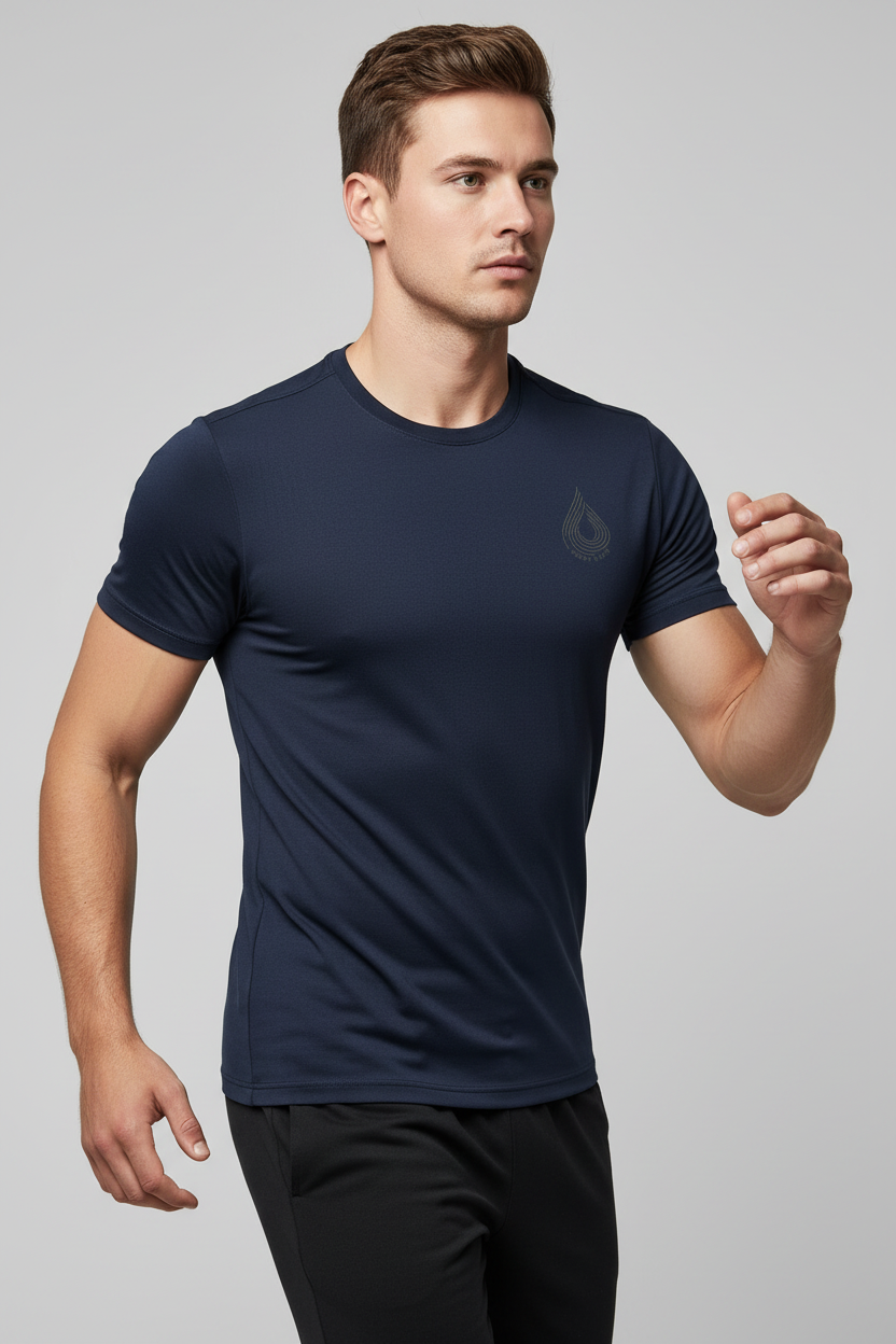 Model wearing Sweat State-Stretch T-shirt in Navy Blue