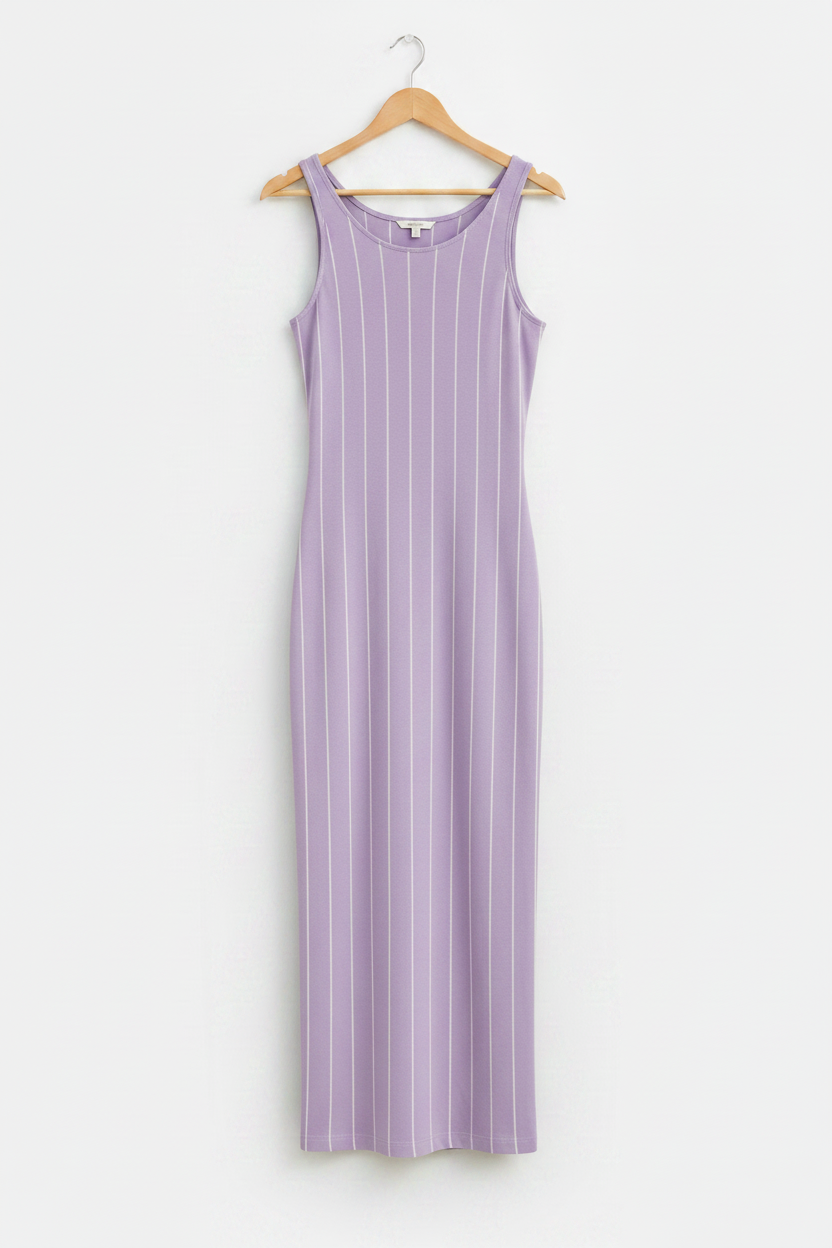 Lilac Line Bodycon Dress - lavender lilac bodycon dress with vertical stripe detail on wooden hanger, white studio background