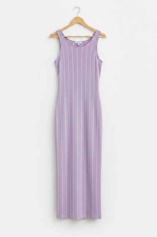 Lilac Line Bodycon Dress - lavender lilac bodycon dress with vertical stripe detail on wooden hanger, white studio background