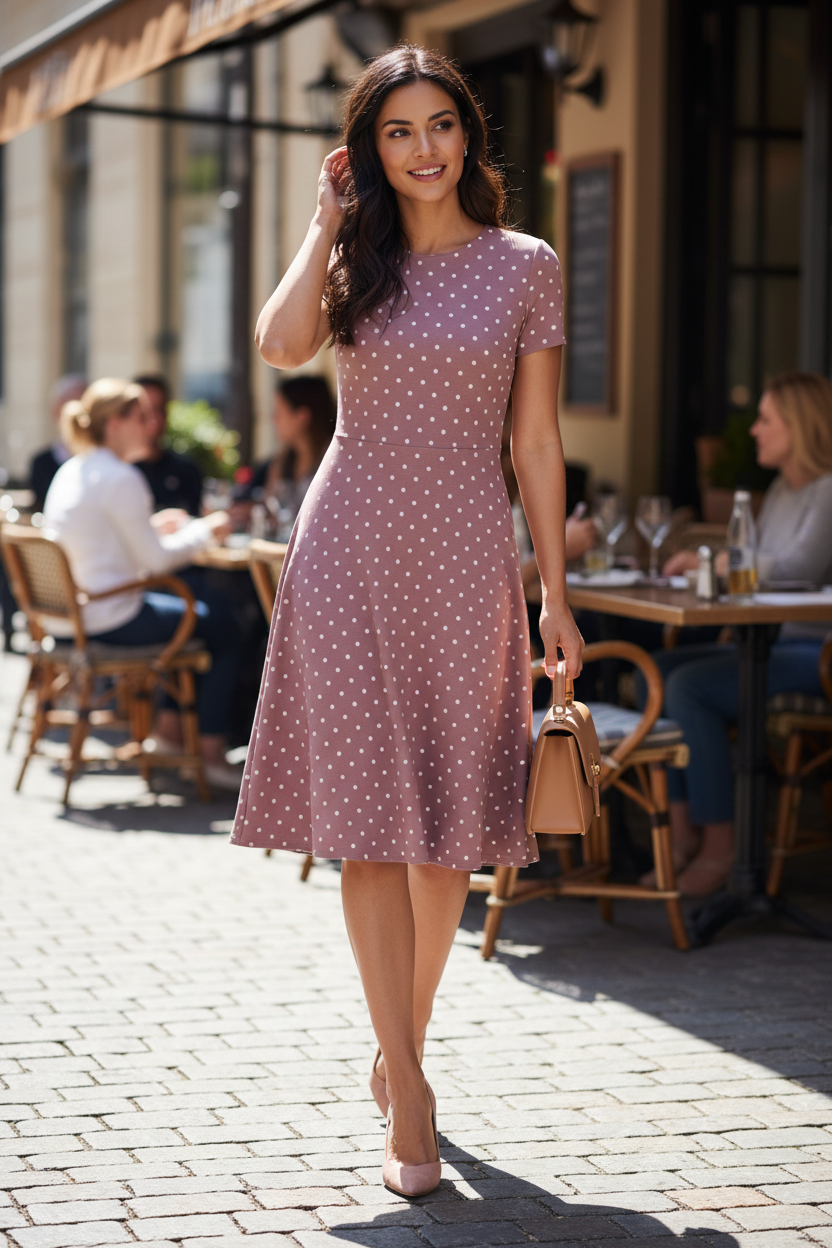 Soft Rose Polka A-Line Dress - fair-skinned Indian female model wearing polka dot A-line dress in outdoor outing setting, sunny street background