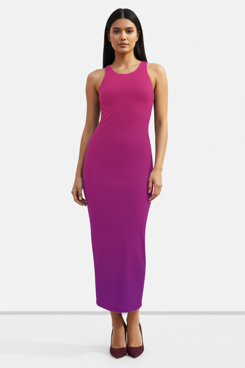 Berry Noir Ombre Bodycon Dress - fair-skinned Indian female model wearing black to berry ombre bodycon dress with plum heels, white studio background