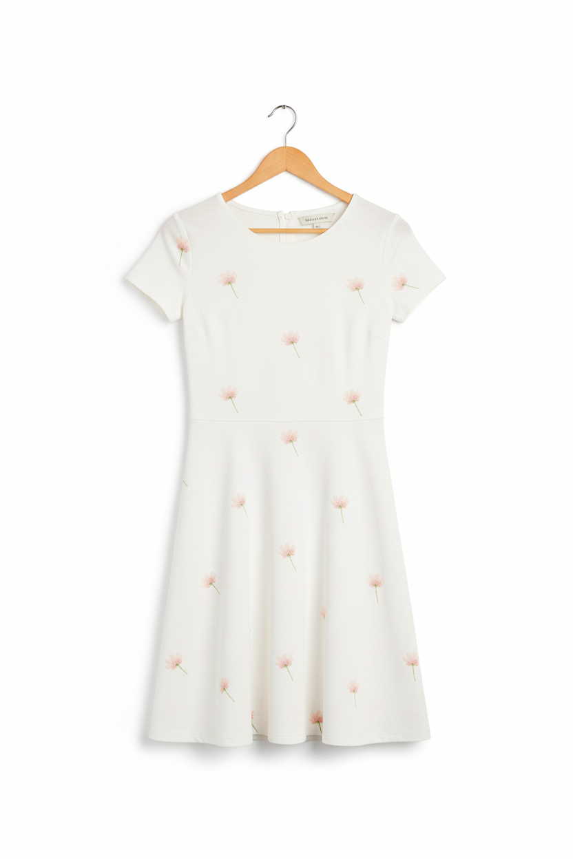 Ditsy floral A-line dress on wooden hanger