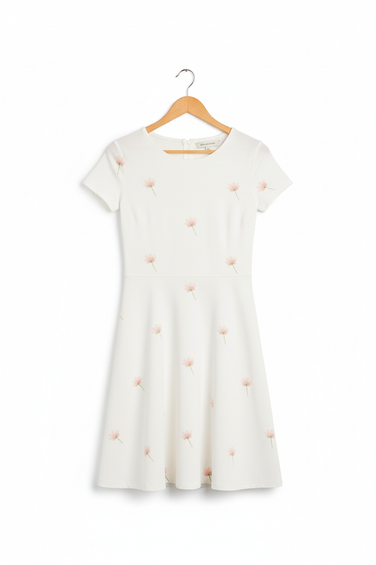 Ditsy floral A-line dress on wooden hanger