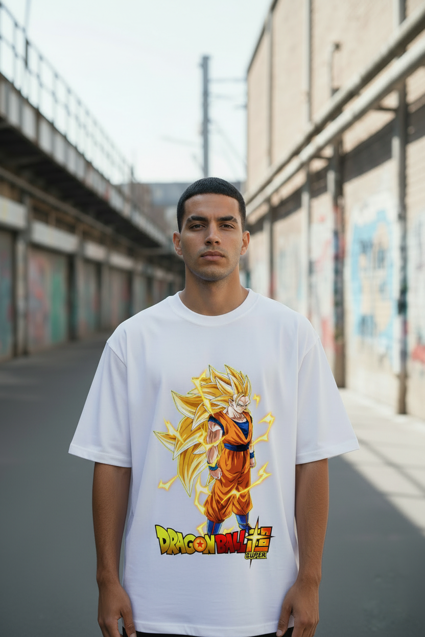 Male model wearing Golden Ascension Warrior oversized t-shirt