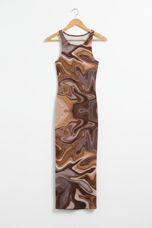 Mocha Flow Bodycon Dress - mocha brown marble print bodycon dress on wooden hanger, white studio background
