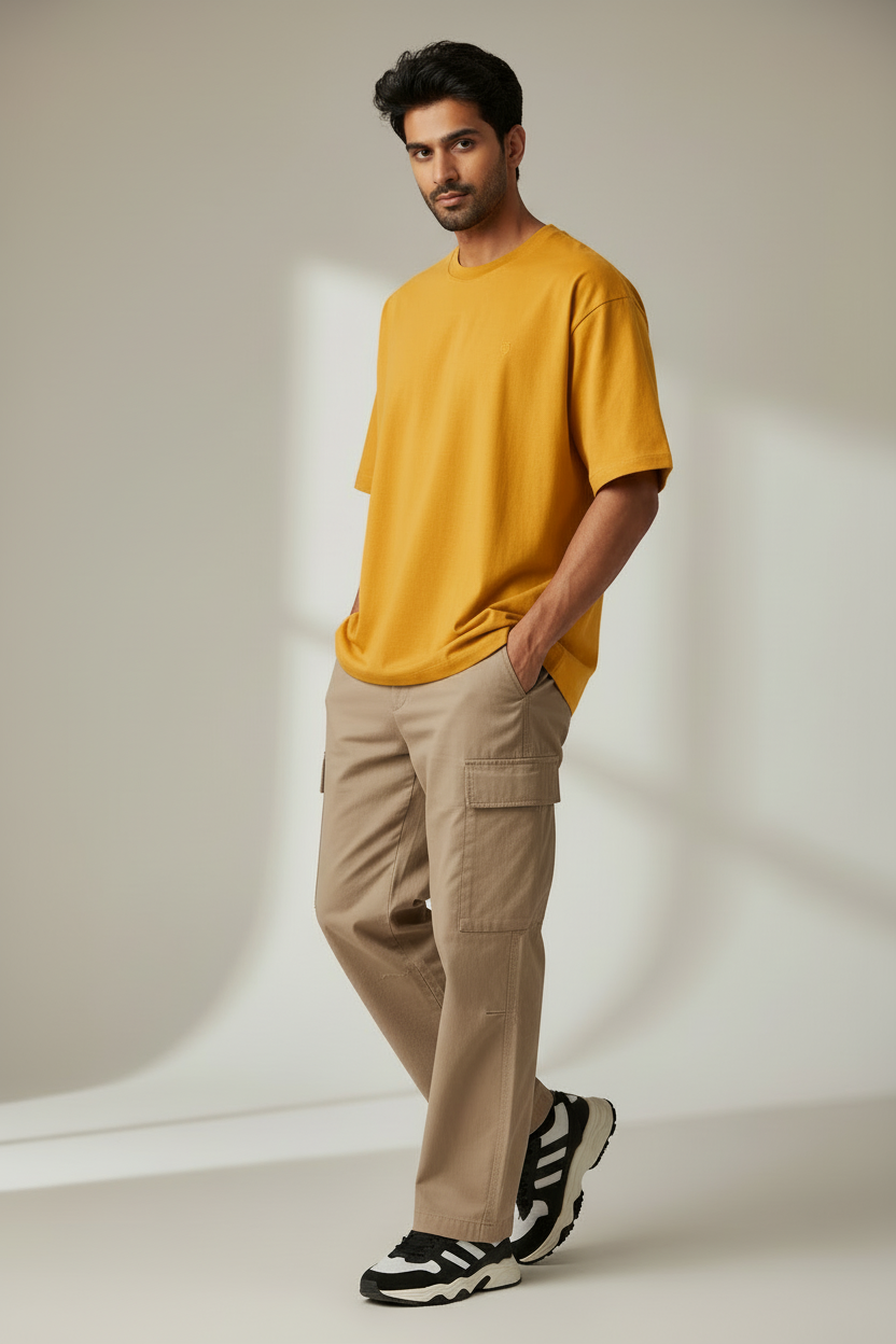 HAViT Classic Oversized T-Shirt – Golden Yellow – Indian Male Model