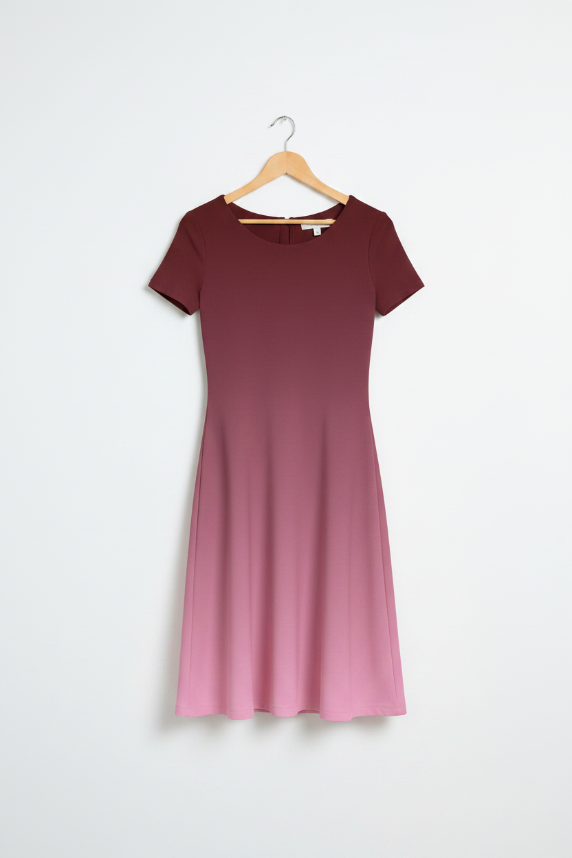 Rosé Wine Ombre Dress hanging on a light birch wood hanger, wine-to-pink gradient, clean minimal white background, product-only shot