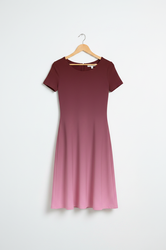 Rosé Wine Ombre Dress hanging on a light birch wood hanger, wine-to-pink gradient, clean minimal white background, product-only shot