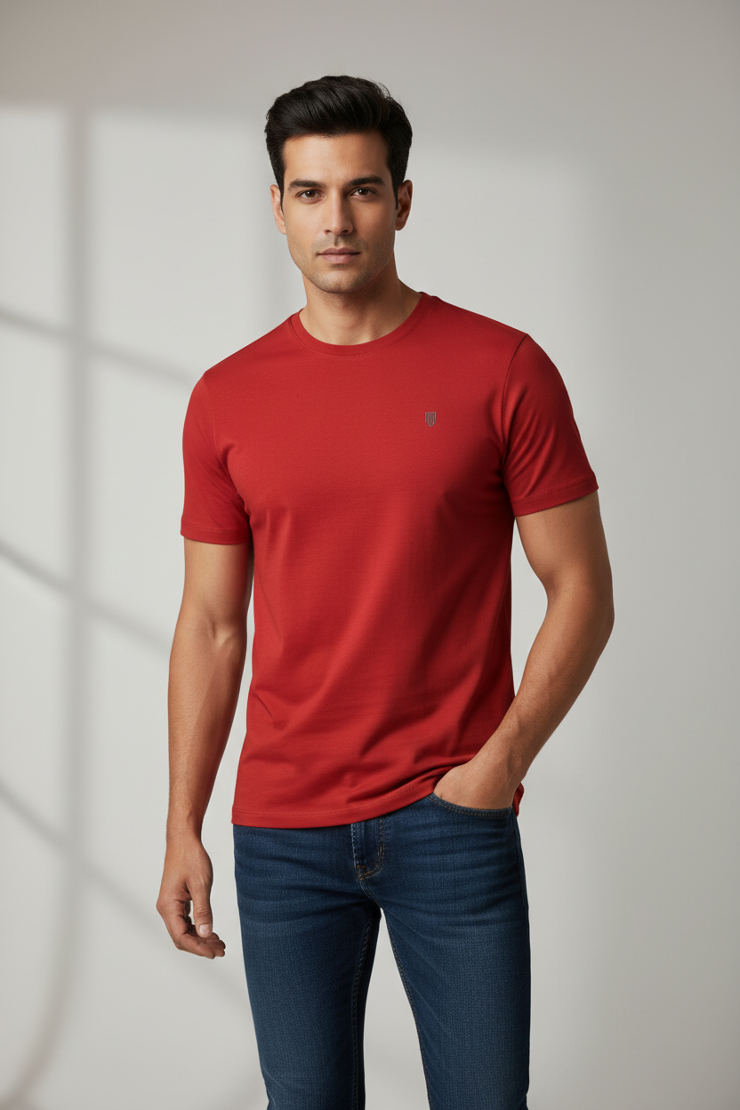 Men's Cotton Stretch T-Shirt – Red – Indian Male Model
