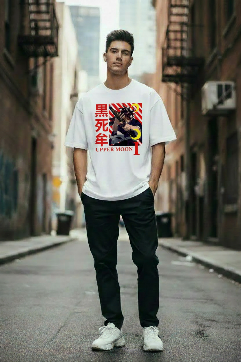 Male model wearing UPPER MOON ONE (KOKUSHIBO INSPIRED) oversized t-shirt