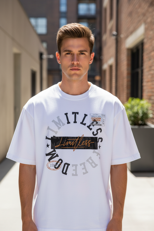 Male model wearing Limitless Edge Streetwear Edition oversized t-shirt