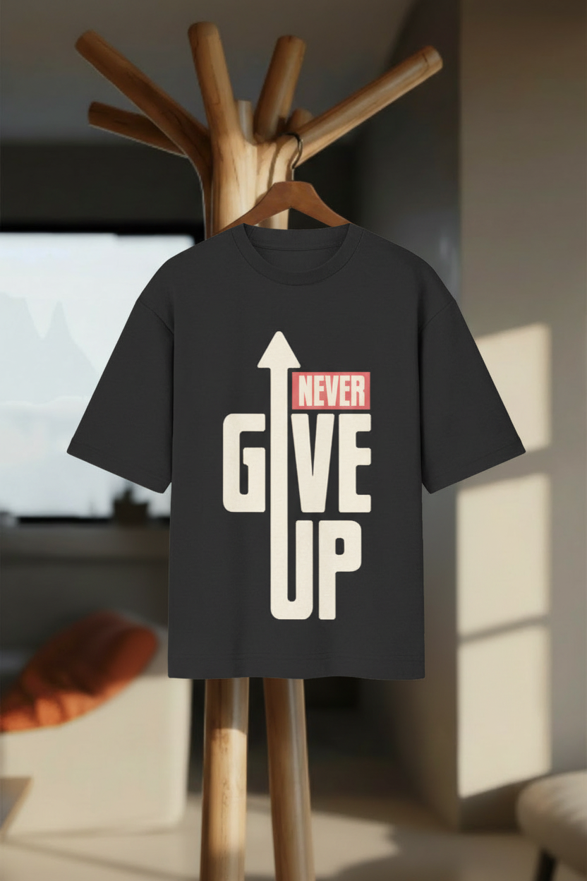 Never Give Up – Oversized Motivational T-Shirt - Hanger Mockup