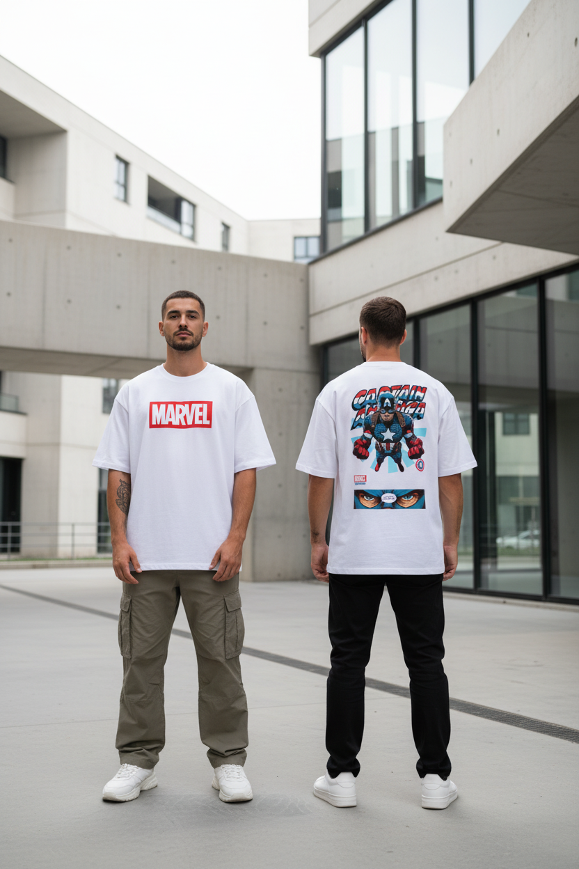 Male model wearing Captain America oversized t-shirt showing front and back views