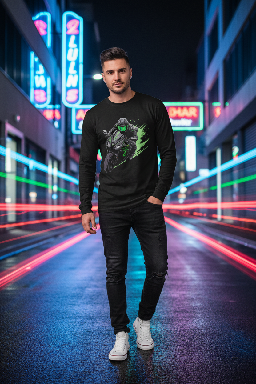 Male model wearing Neon Racer full-sleeve t-shirt in urban neon-lit street setting