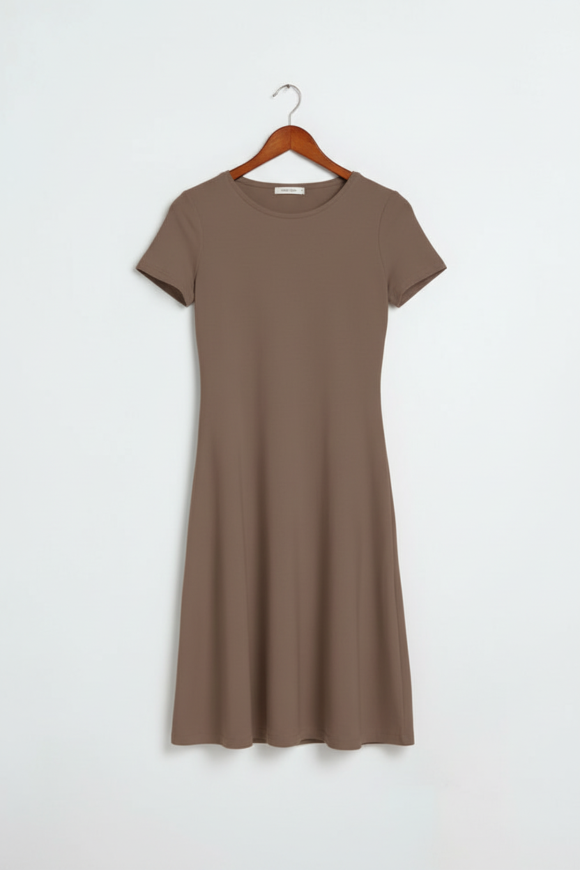 Mocha brown A-line dress on wooden hanger