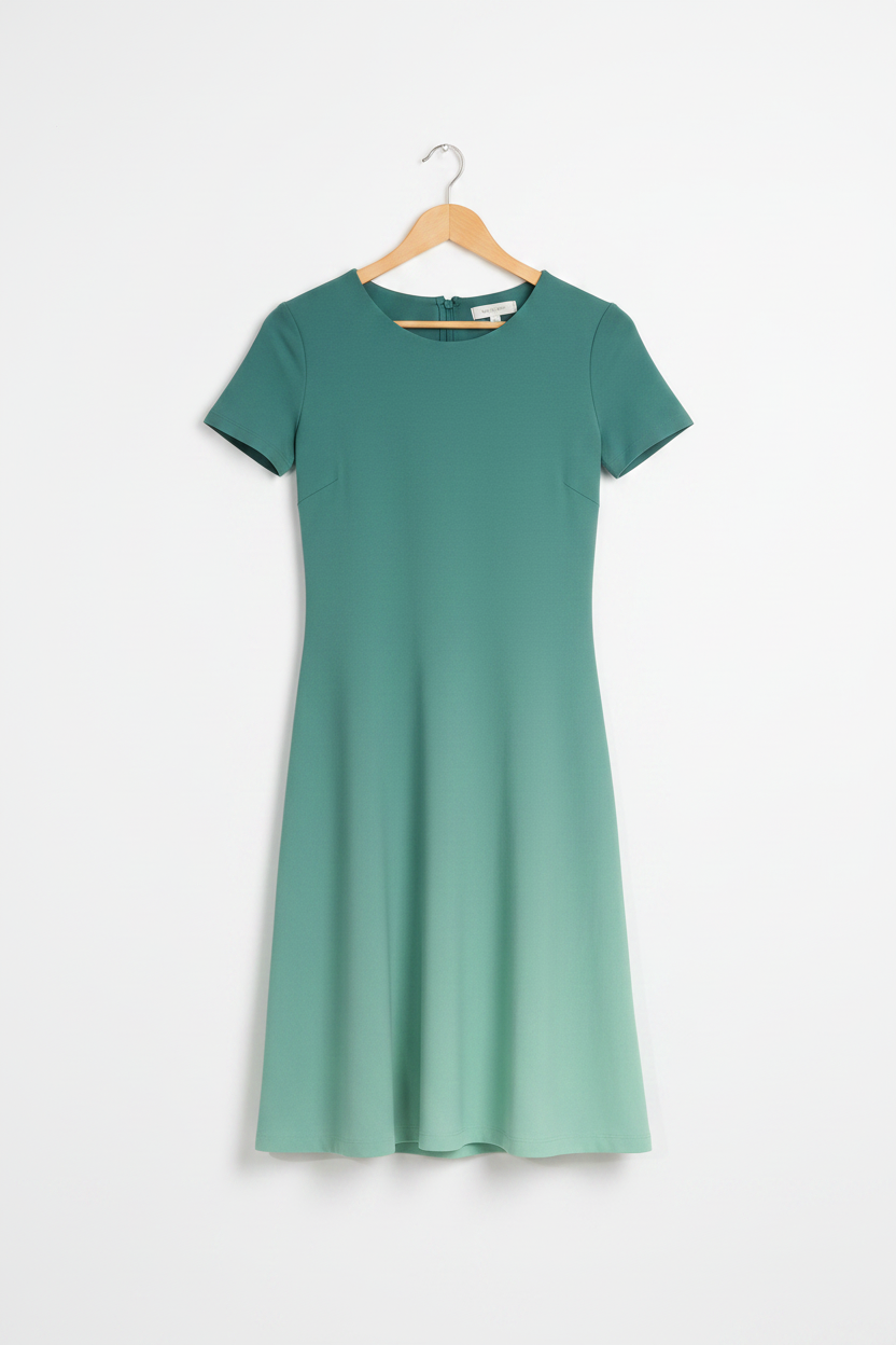Aqua Mist Gradient Dress hanging on a light birch wood hanger, diagonal teal-to-light blue gradient, clean minimal white background, product-only shot