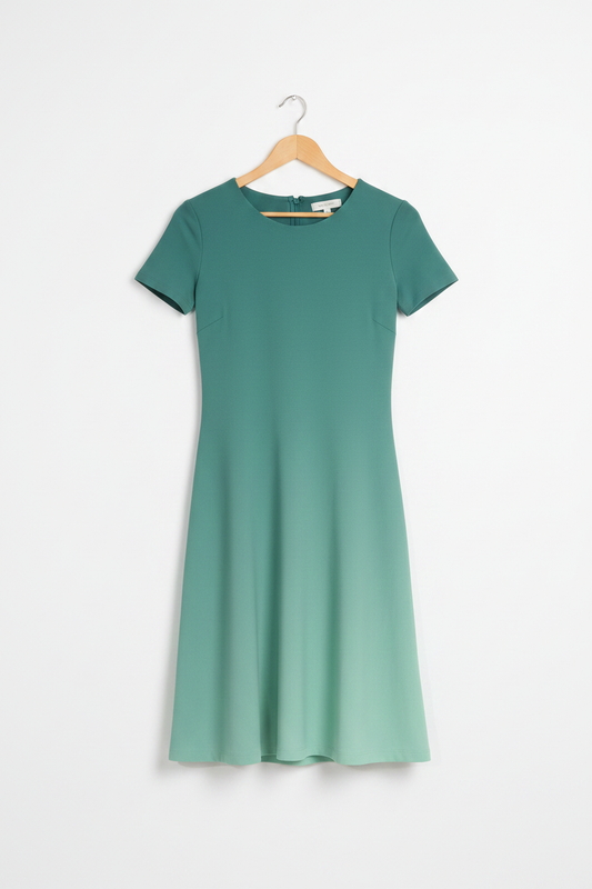 Aqua Mist Gradient Dress hanging on a light birch wood hanger, diagonal teal-to-light blue gradient, clean minimal white background, product-only shot