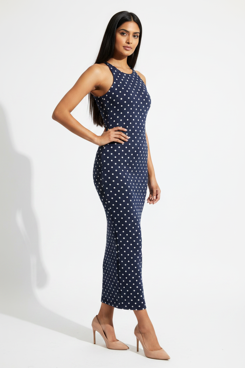 Navy Polka Muse Bodycon Dress - wheatish-toned Indian female model wearing navy blue bodycon dress with white polka dots, nude heels, white studio background