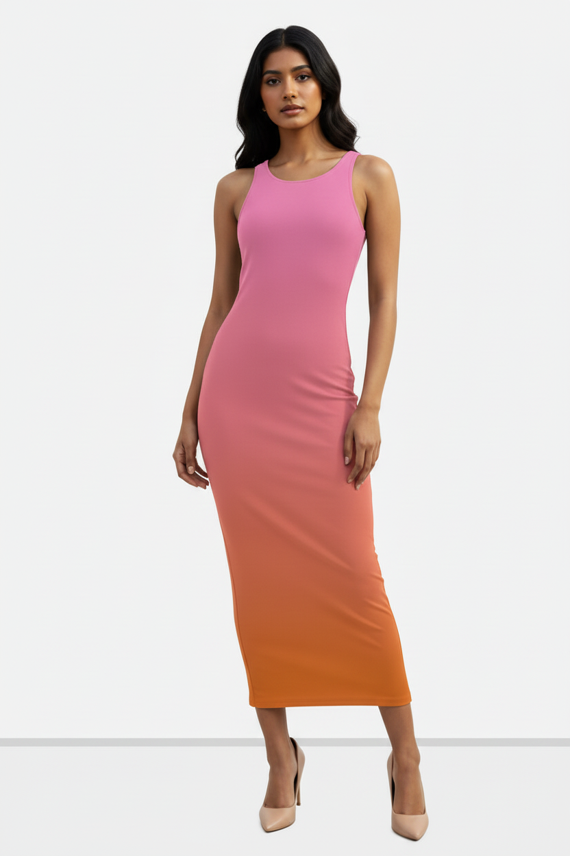 Sunset Blush Ombre Bodycon Dress - Indian female model wearing pink-to-orange sunset ombre bodycon dress with nude heels, white studio background