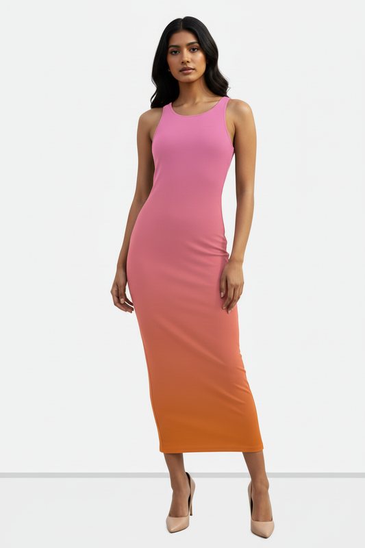 Sunset Blush Ombre Bodycon Dress - Indian female model wearing pink-to-orange sunset ombre bodycon dress with nude heels, white studio background