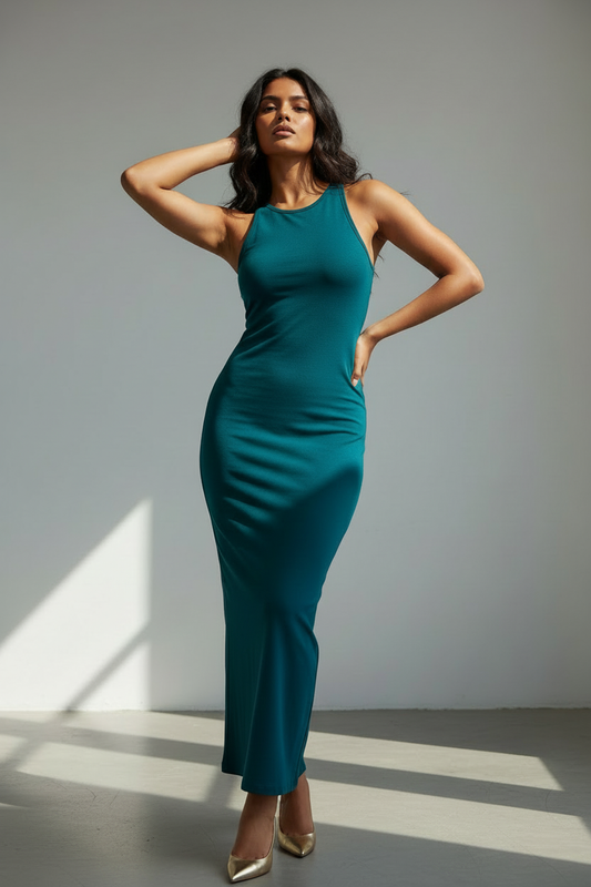 Deep Teal Bodycon Dress - Indian model wearing deep teal bodycon dress with nude gold heels, white studio background
