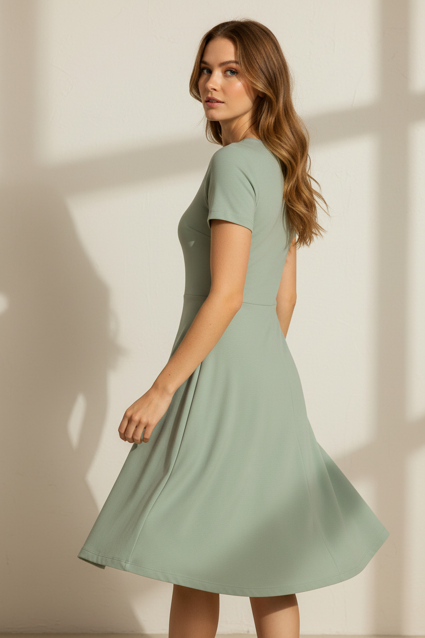 White model wearing sage green A-line dress
