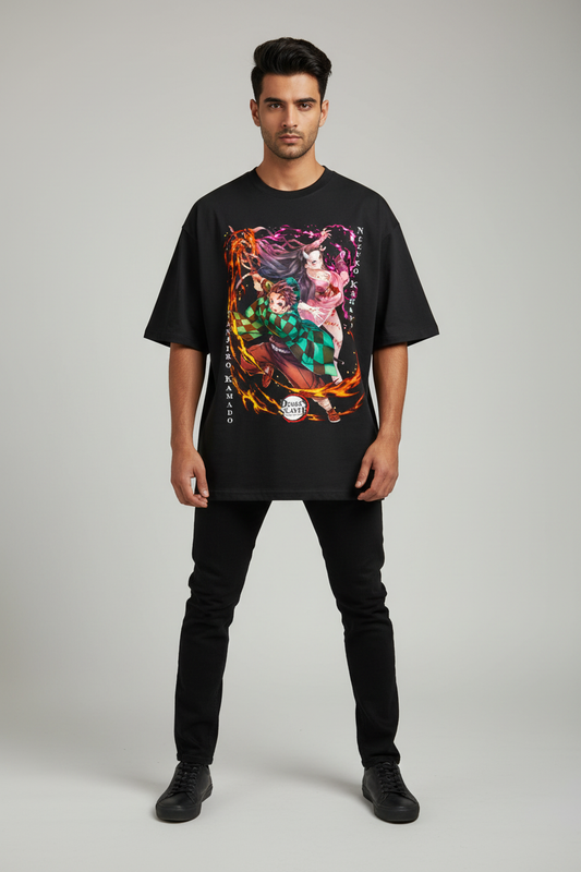 Blood Bond Blaze Oversized T-Shirt – Black – Front – Indian Male Model