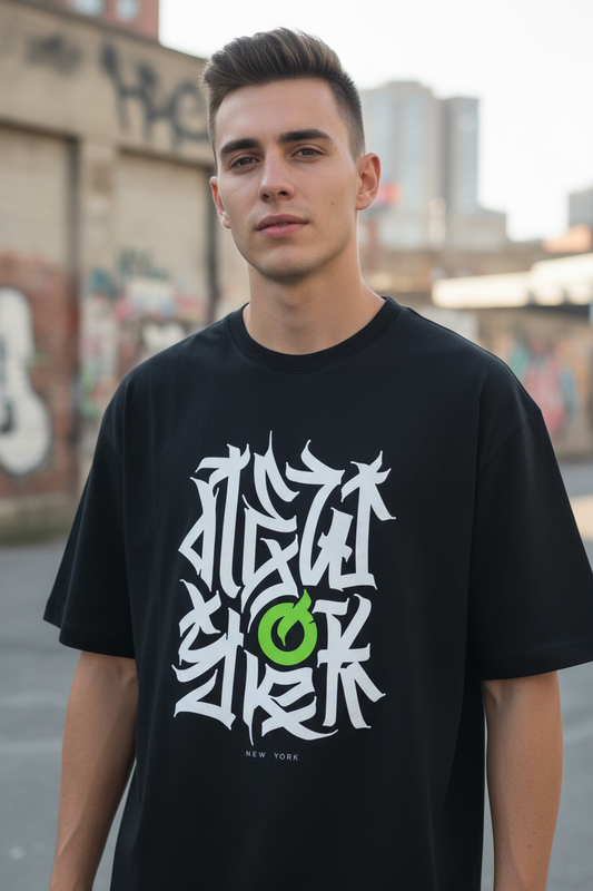 Male model wearing New York Urban Flame oversized t-shirt