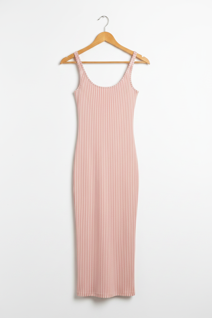 Blush Line Bodycon Dress - blush pink bodycon dress with vertical stripe detail on wooden hanger, white studio background