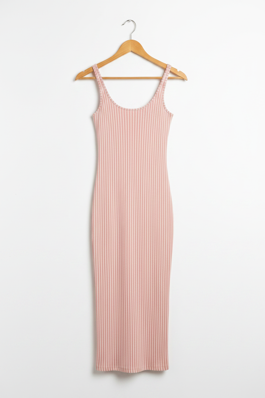 Blush Line Bodycon Dress - blush pink bodycon dress with vertical stripe detail on wooden hanger, white studio background