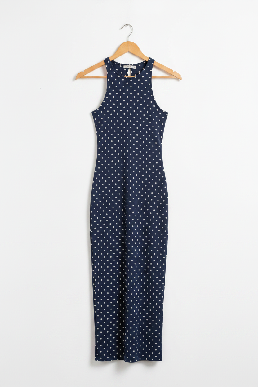 Navy Polka Muse Bodycon Dress - navy blue bodycon dress with white polka dots on wooden hanger, white studio background