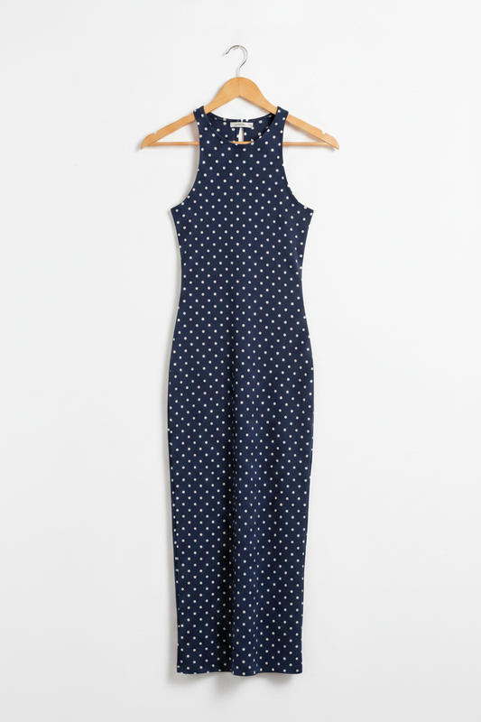 Navy Polka Muse Bodycon Dress - navy blue bodycon dress with white polka dots on wooden hanger, white studio background