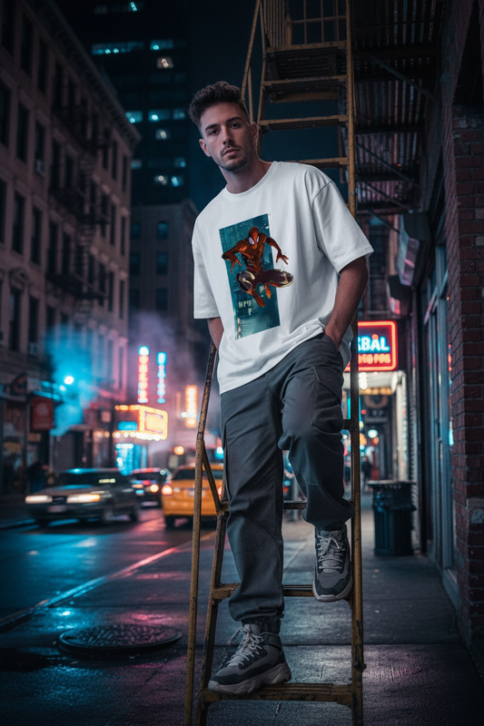 Male model wearing Spider-Man Web-Slinger Night Leap oversized t-shirt