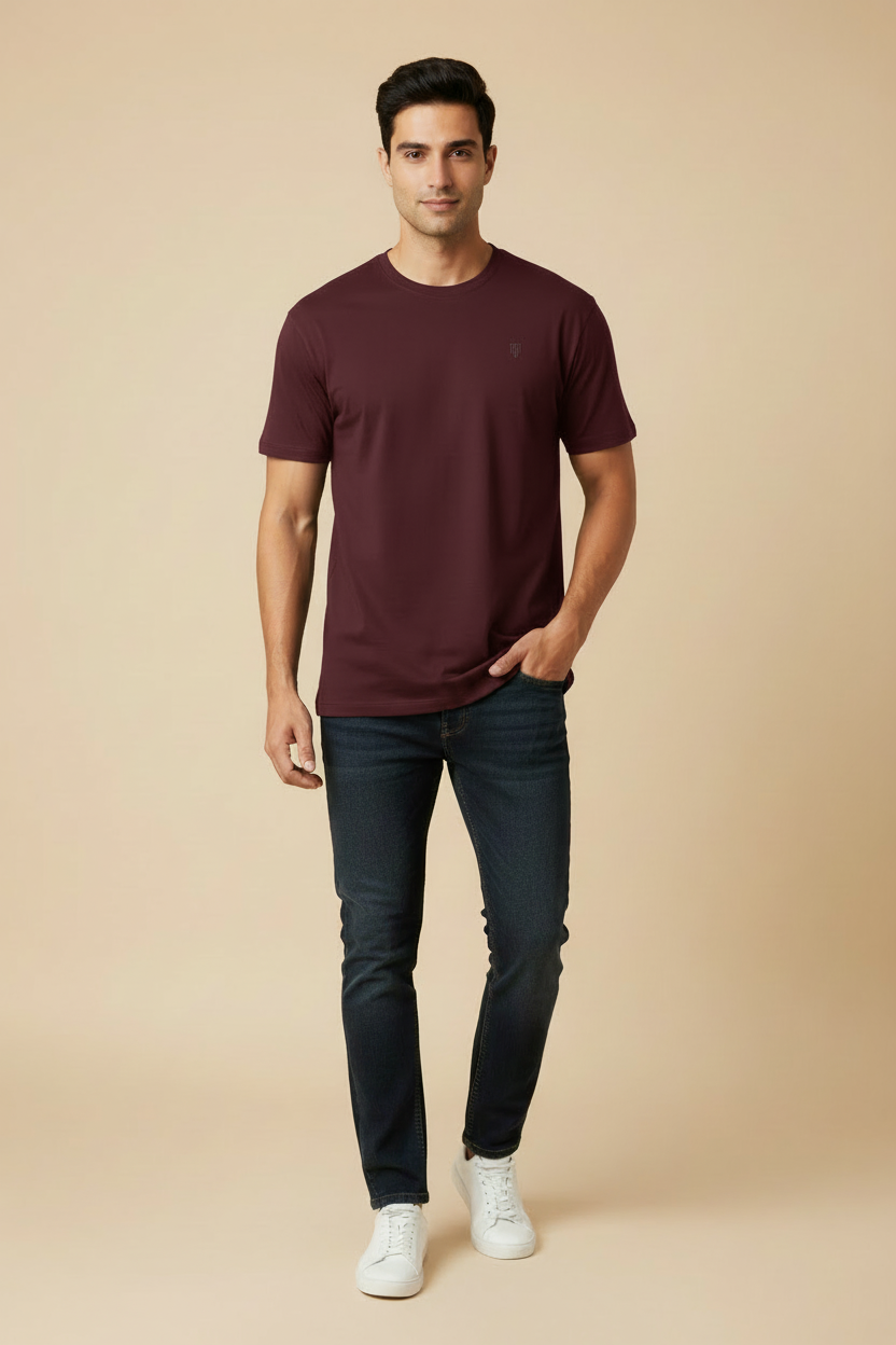 HAViT Men's Crew Neck T-Shirt – Maroon – Indian Male Model