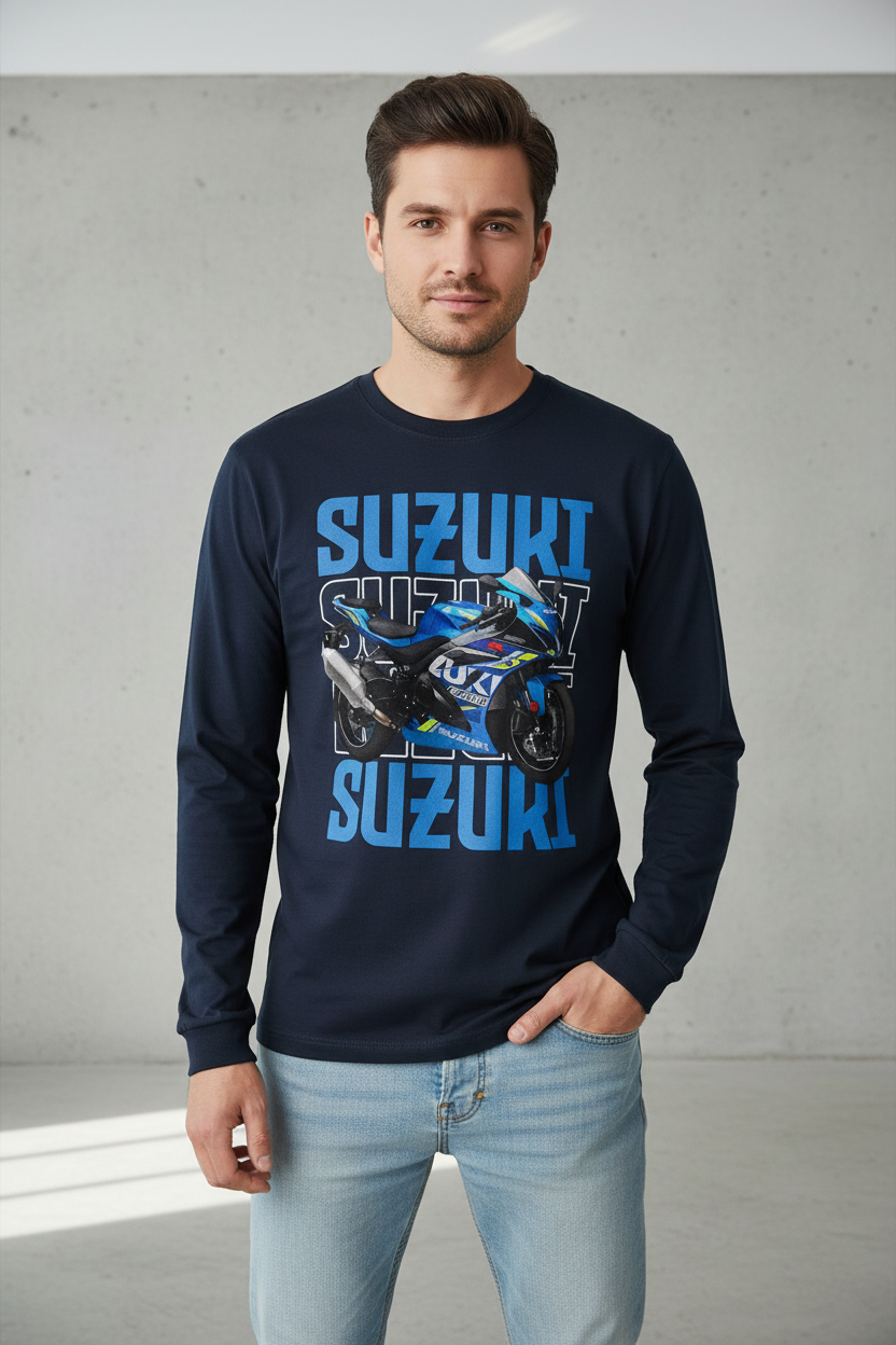 Male model wearing Suzuki Blue Racer navy blue full-sleeve t-shirt in modern setting