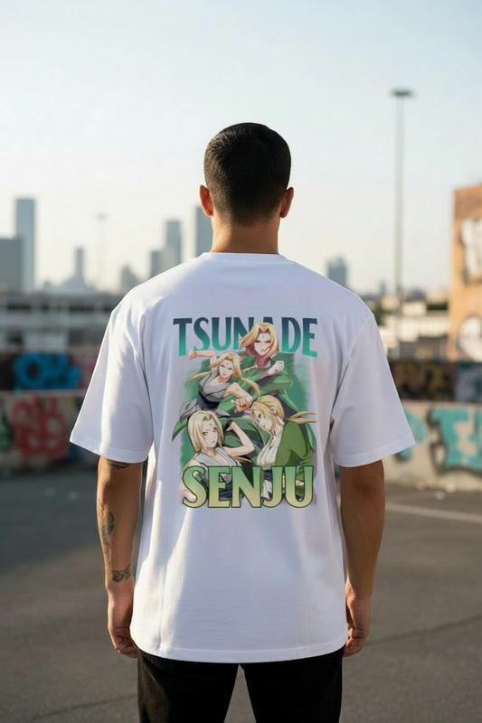 Male model wearing Tsunade – Legendary Sannin Power oversized t-shirt - back view
