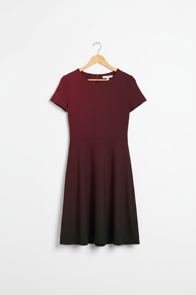 Midnight Merlot A-Line Dress hanging on a light birch wood hanger, clean minimal white background, product-only shot