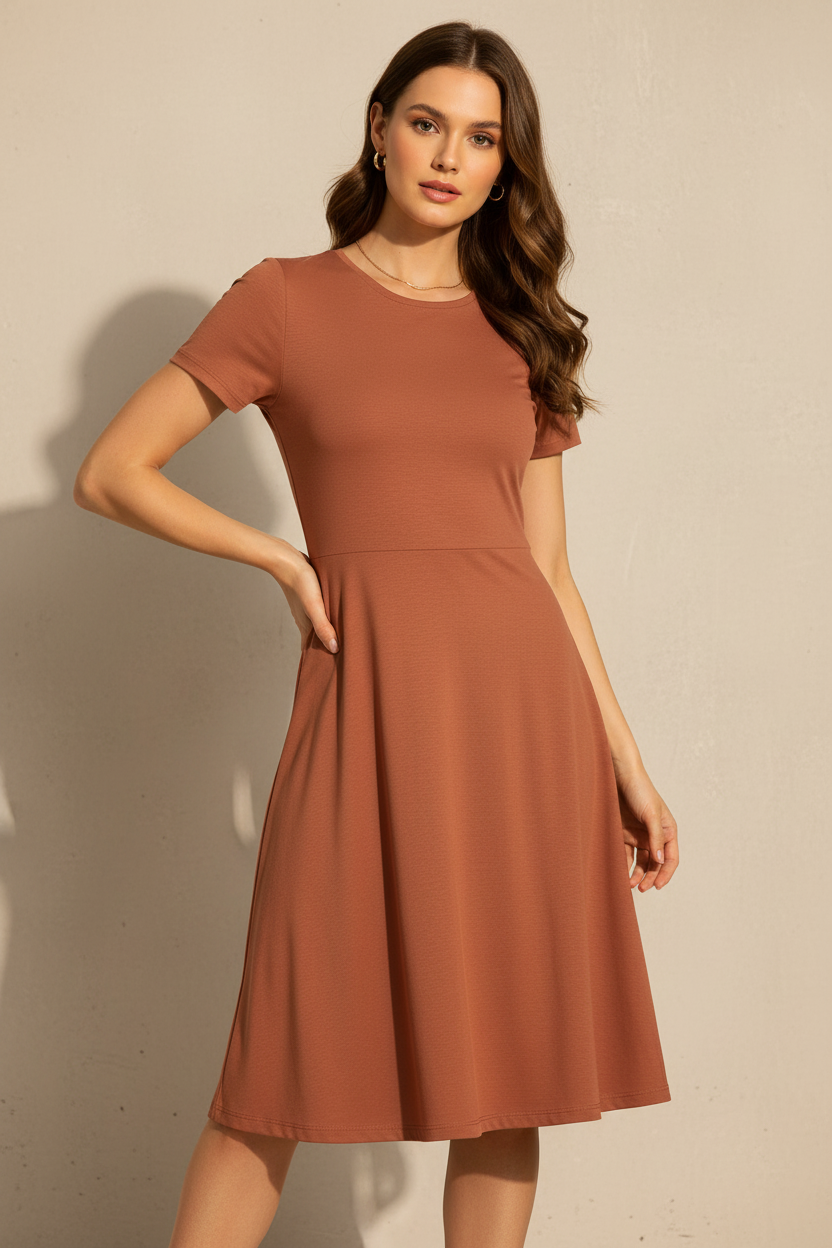 White model wearing terracotta rust A-line dress