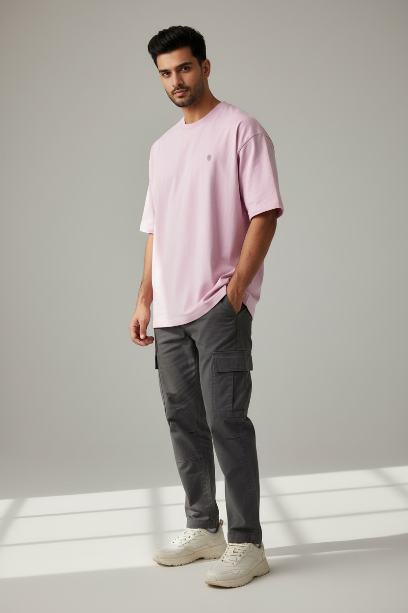 HAViT Classic Oversized T-Shirt – Light Baby Pink – Indian Male Model