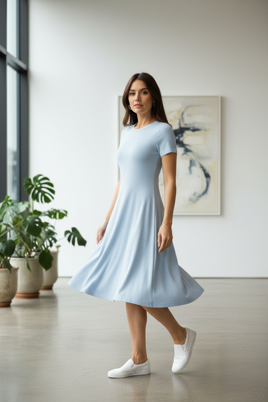 White model wearing sky mist blue A-line dress