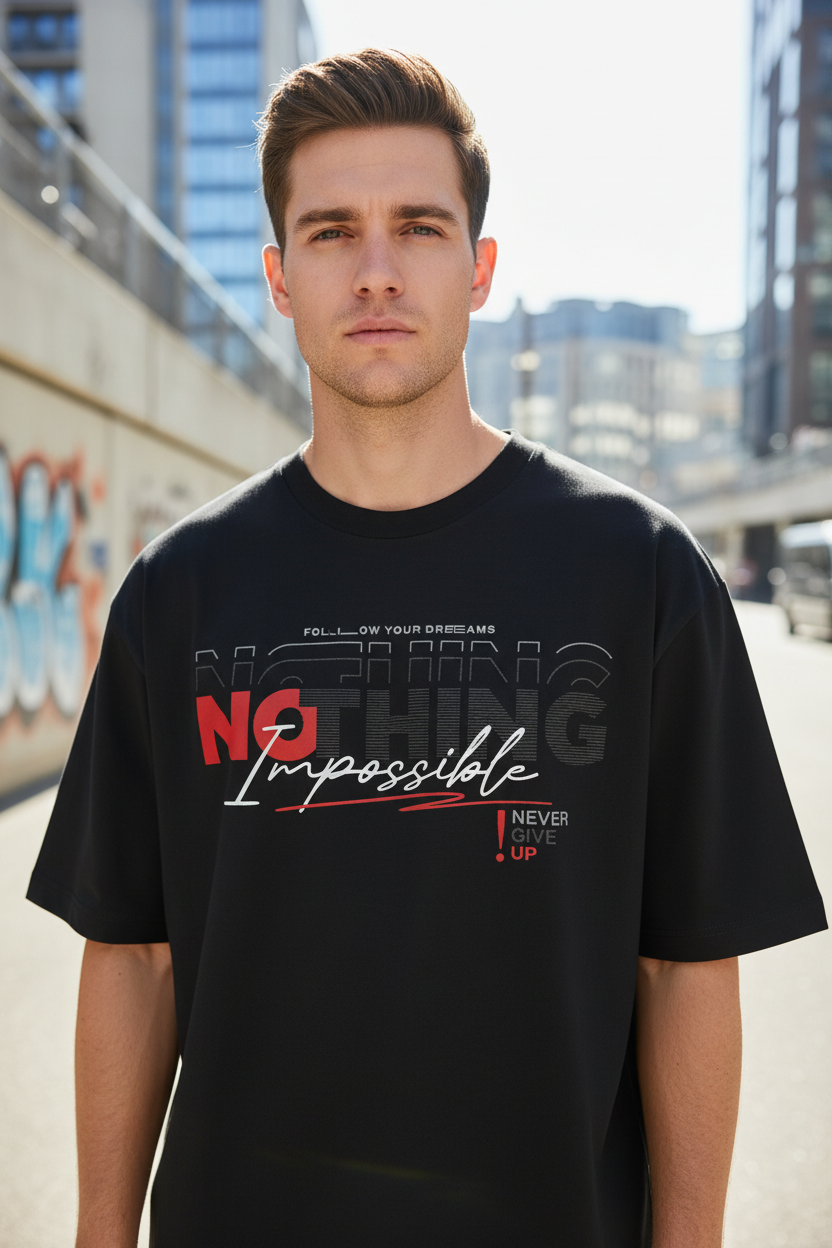 Male model wearing Nothing Is Impossible oversized t-shirt