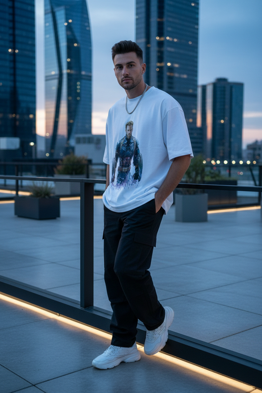 Male model wearing Captain America Super Soldier Legacy oversized t-shirt