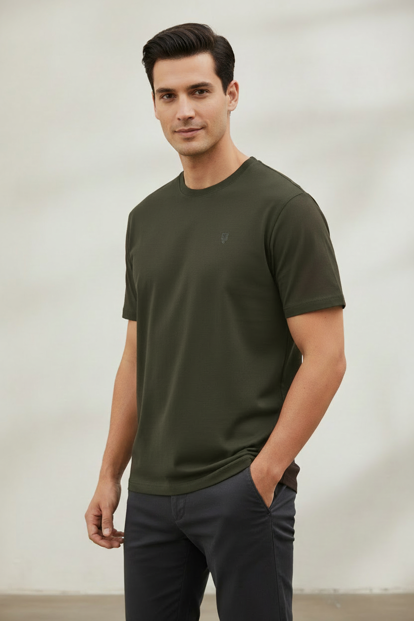 HAViT Men's Crew Neck T-Shirt – Olive Green – Indian Male Model