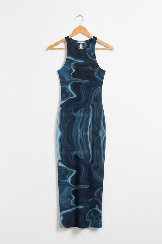 Midnight Marble Bodycon Dress - deep blue marble print bodycon dress on wooden hanger, white studio background