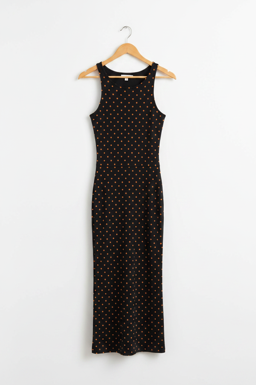 Amber Pop Polka Bodycon Dress - black bodycon dress with orange polka dots on wooden hanger, full fabric back, white studio background