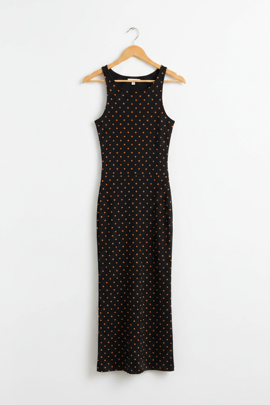 Amber Pop Polka Bodycon Dress - black bodycon dress with orange polka dots on wooden hanger, full fabric back, white studio background