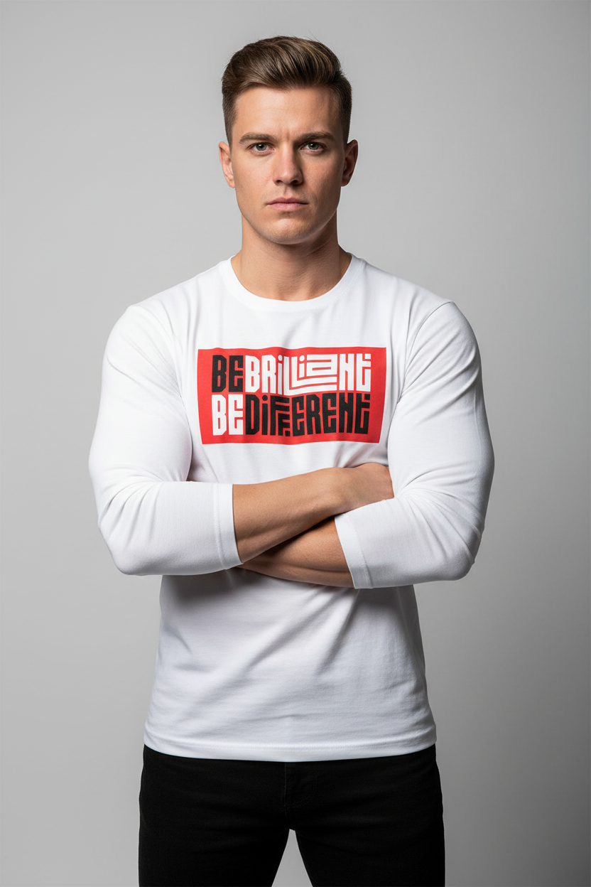 Model wearing Be Brilliant Be Different Graphic Full Sleeve T-Shirt